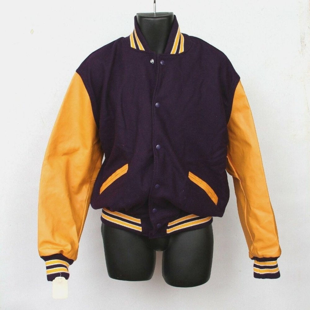 Leader Sportswear Purple Gold Full Snap Lined Varsity Letterman Jacket Mens Sz L